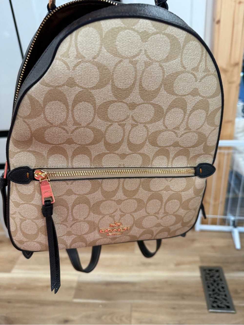 Coach Beige Signature Canvas Backpack with Black Trim new never carried